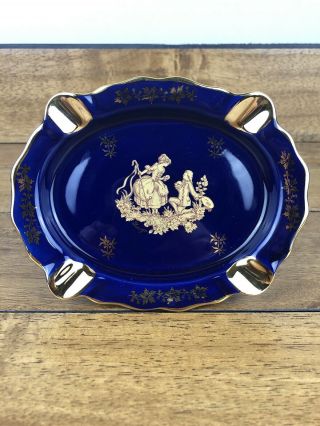 Limoges Porcelain Ashtray Dish Cobalt Blue With Gold Courting Couple