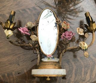 Antique Gilt Bronze Boudoir Lamp,  Porcelain Flowers & Oval Mirror,  Made In France