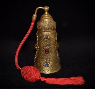 Absolutely Stunning Antique Brass Jeweled Ormolu Perfume Bottle Atomizer