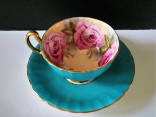 Aynsley Turquoise Oban Footed Cup & Saucer W Pink Cabbage Roses
