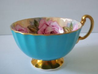 Aynsley Turquoise Oban Footed Cup & Saucer w Pink Cabbage Roses 2