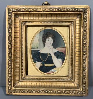 Antique Miniature Early Victorian Lady Watercolor Portrait Painting & Old Frame