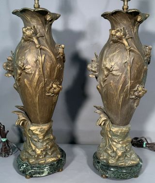 Pair (2) Vintage Art Nouveau Style Bronzed Spelter Relief Flower Old Parlor Lamp