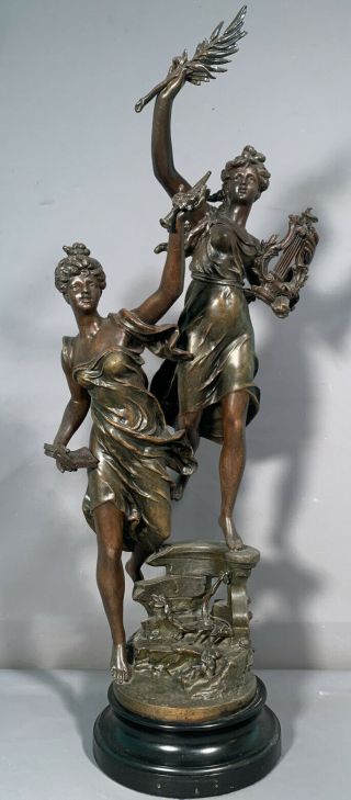 Lg 32 " Antique French Art Nouveau Bronzed Spelter Lady Statue Musician Sculpture