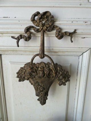 Exquisite Old Vintage Metal Wall Plaque Hanger French Hanging Basket Roses Bow