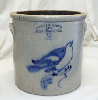 Old Ottman Bros & Co.  Fort Edward,  Ny Cobalt Blue Bird 3 Gal Stoneware Crock