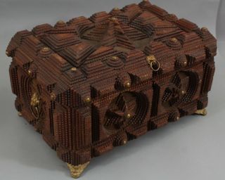 Large Antique Folk Art Chip Carved Tramp Art Wood Box 10 Stack Star Brass Feet