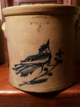 Antique Stoneware Crock Cobalt Bird - On - Branch White & Wood Binghamton Ny.  4gal