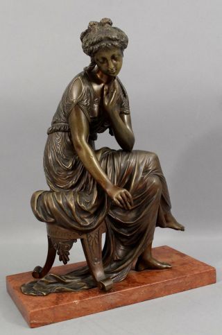 19thc Antique Jean Gout Bronze Sculpture Classical Young Woman Red Marble Base