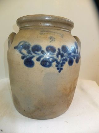 Two - Gallon Lidded Stoneware Jar With Cobalt Foliate Decoration Circa 1860