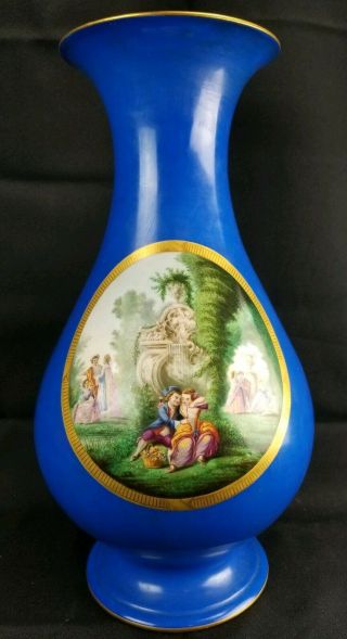 19th Century Sevres Style Paris Porcelain Royal Blue Hand Painted Vase 16 "