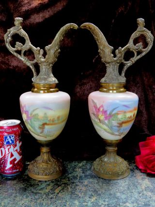 Fab Rare Pair Antique Victorian Hand Painted Ewer Vase Ornate Brass & Metal