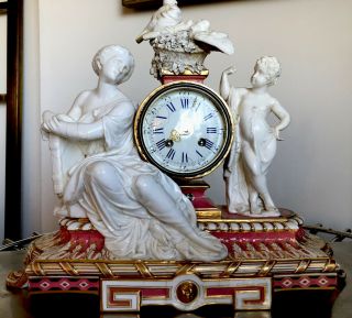 Rare Antique Porcelain French Figural Mantel Clock Marketed By John Mortlock