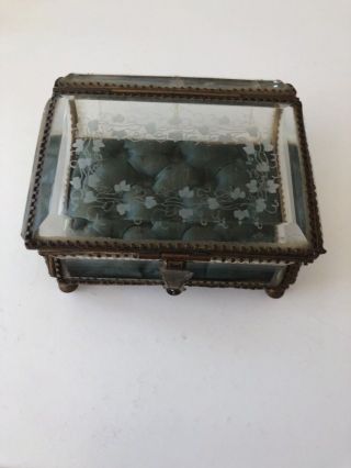 Antique French Ormolu Beveled Glass Jewelry Box Etched Ivy Leaves 1