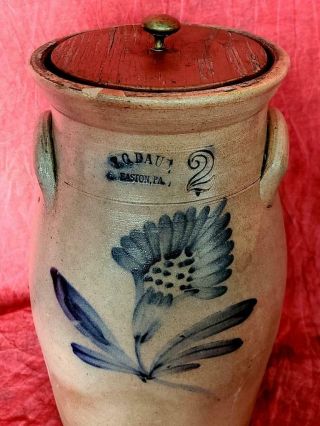 Rare Signed Daub Tall Cobalt Blue Decorated Stoneware Jar /wooden Lid Easton,  Pa