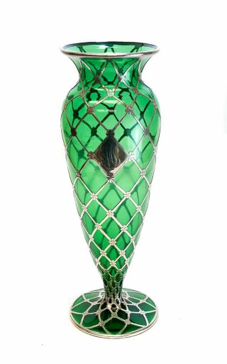 Alvin Mfg 999 Fine Silver Overlay Green Glass Footed Vase,  Circa 1900