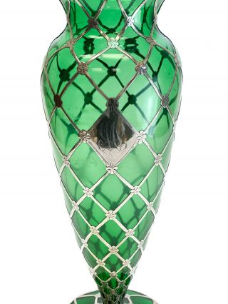 Alvin Mfg 999 Fine Silver Overlay Green Glass Footed Vase,  circa 1900 2