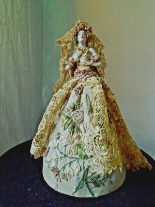 Antique Porcelain Half Doll Bride W/ Lavish Multiple Antique Textiles Ribbonwork