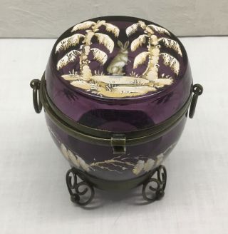 Antique Mary Gregory Amethyst Glass Dresser Jar - Metal Base,  Tricolor Rabbit