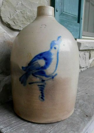 2 Gallon Blue Decorated Stoneware Bird Jug Fulper N.  J.  Or York