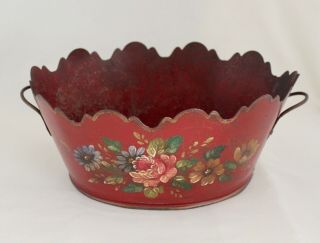 Antique French Red Tin Toleware Monteith Jardiniere Planter Hand Painted Flowers