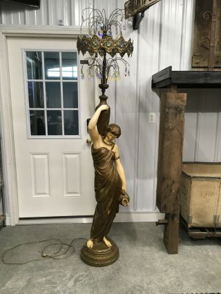 Antique Plaster Grecian Lady Floor Lamp Waterfall Crystals Lovely