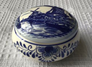 Delftware Porcelain Trinket Box Designed By Elesva,  Blue & White Windmills