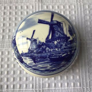 Delftware Porcelain Trinket Box Designed By Elesva,  Blue & White Windmills 2
