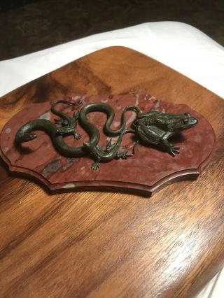 Rare Antique Bronze Of A Frog,  A Snake,  And 2 Lizards On A Red Marble Base