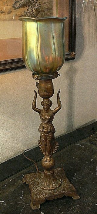 Antique Art Deco Standing Lady Lamp Gold Iridescent Art Glass Shade 1920 Nouveau