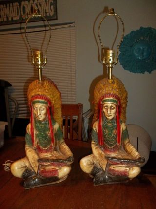 Rare Vintage Pair Mid Century American Indian Chief Lamps Chalkware