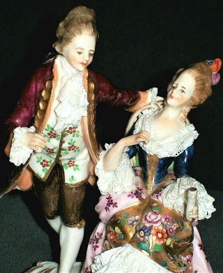 Antique German Dresden Lace Volkstedt Courting Couple Group Porcelain Figurine