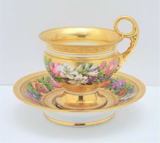 Large 19th C Antique Darte Freres Old Paris Porcelain Botanical Cup & Saucer