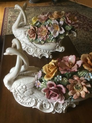 Signed Capodimonte Swans Made In Italy 24” Long 16 1/2” Tall