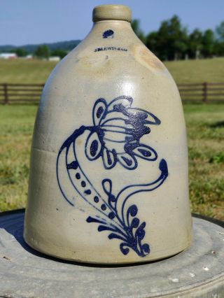 Salt Glazed 2 Gal Poppy Flower Bell Jug - Rare Design Stamped J B Lewis & Co.