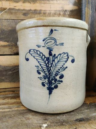 Antique Primitive Salt Glazed 5 Gallon Crock With Blue Cobalt Floral Design