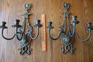 2 Antique French Sconces Candle Holder Bird Bow Brass Bronze Vintage No Crystal