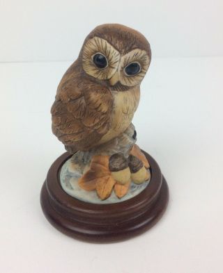 Porcelain Owl Figurine Andrea By Sadek 6350 W Wood Stand & Gold Foil Sticker