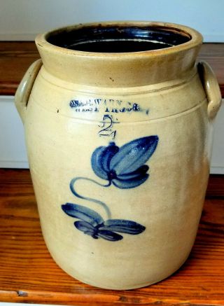 Wm.  E.  Warner 2 - Gal.  Stoneware Crock W/ Flower,  West Troy,  Ny C.  1850 - As Made