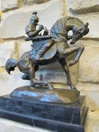 Bronze Sculpture Of Knight In Armor On Horseback On Stepped Marble Base Signed