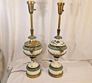 Vintage Mid Century Pair Stiffel Brass Ram Horn Table Lamps Very Rare Antique