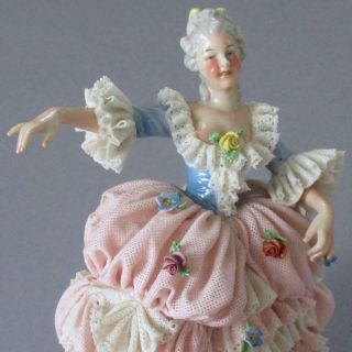 Antique Dresden Porcelain Figurine Ballerina White,  Pink Lace Ruffles Volkstedt