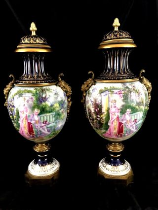 Huge 22” Vintage Pair Sevres Style Porcelain And Bronze Hand Painted Urns