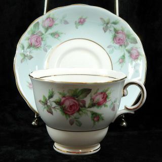 Colclough Bone China Cup And Saucer Pink Roses On Blue With Gold Edging England