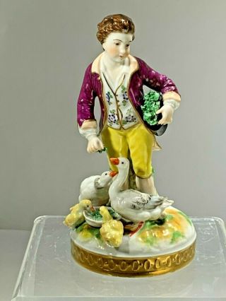 19th Dresden Volkstedt Porcelain Figurine " Boy Feeding Ducks & Ducklings "