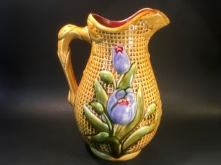 Antique Majolica Pitcher With Tulips On Basketweave C.  1800 