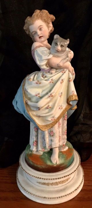 Antique French Limoges Old Haviland Bisque Figurine Of Girl With Cat Rare
