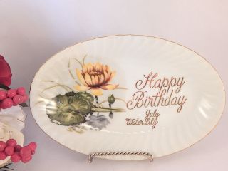 Happy Birthday Plate Vintage 1950s Porcelain July Birth Flower Water Lily Gift