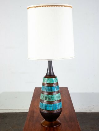 Mid Century Modern Table Lamp Ceramic Studio Blue Brown Vintage Lighting Light