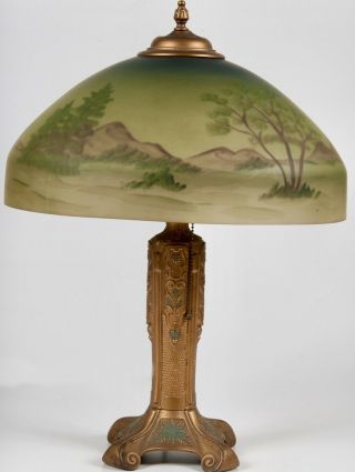 Early 1900’s Unsigned Table Lamp W/ Reverse Painted Glass Shade.
